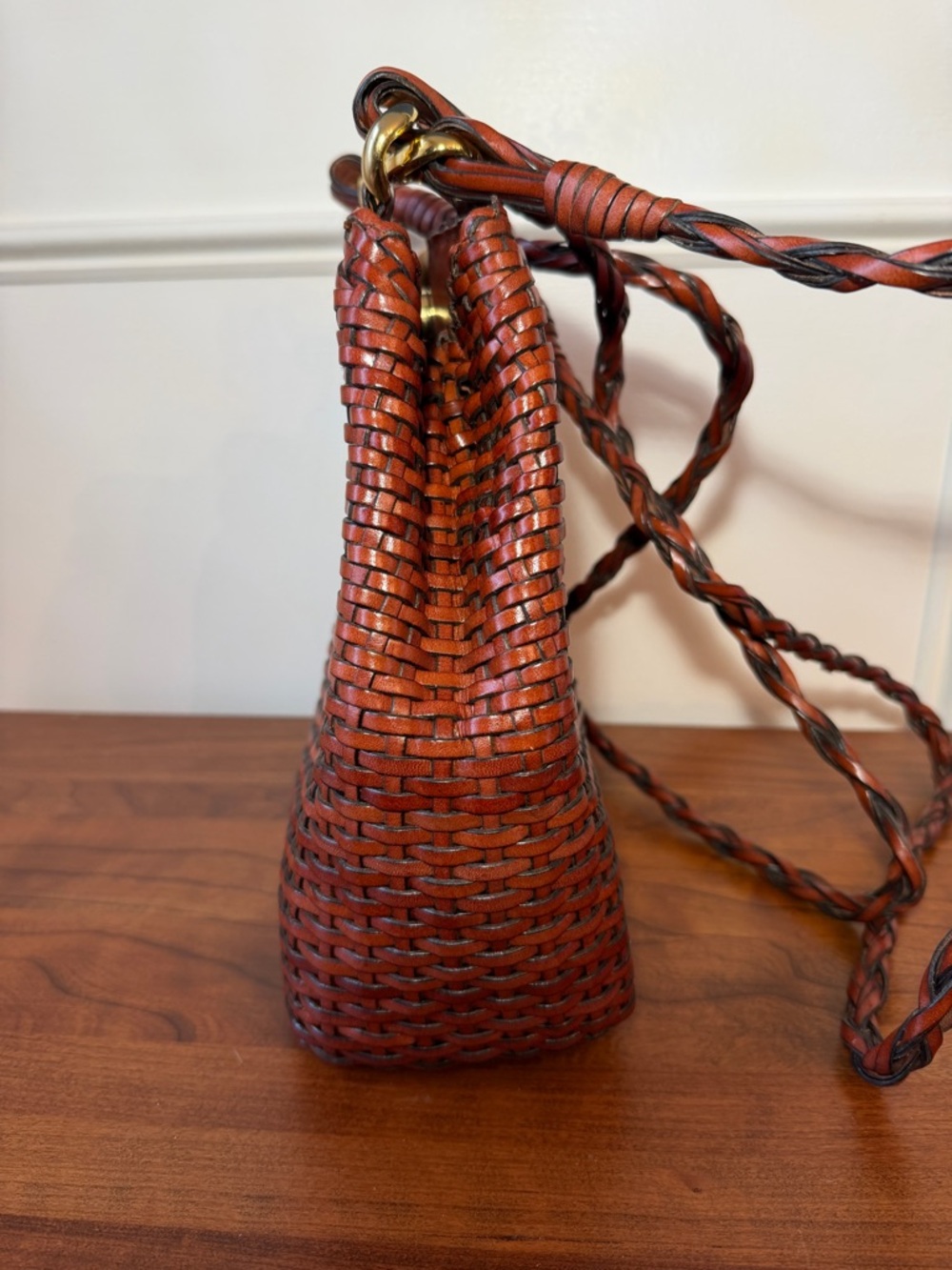 Talbots Woven Leather Crossbody Bag, Rich Brown; Magnetic Close, Braided Straps - Picture 7 of 16